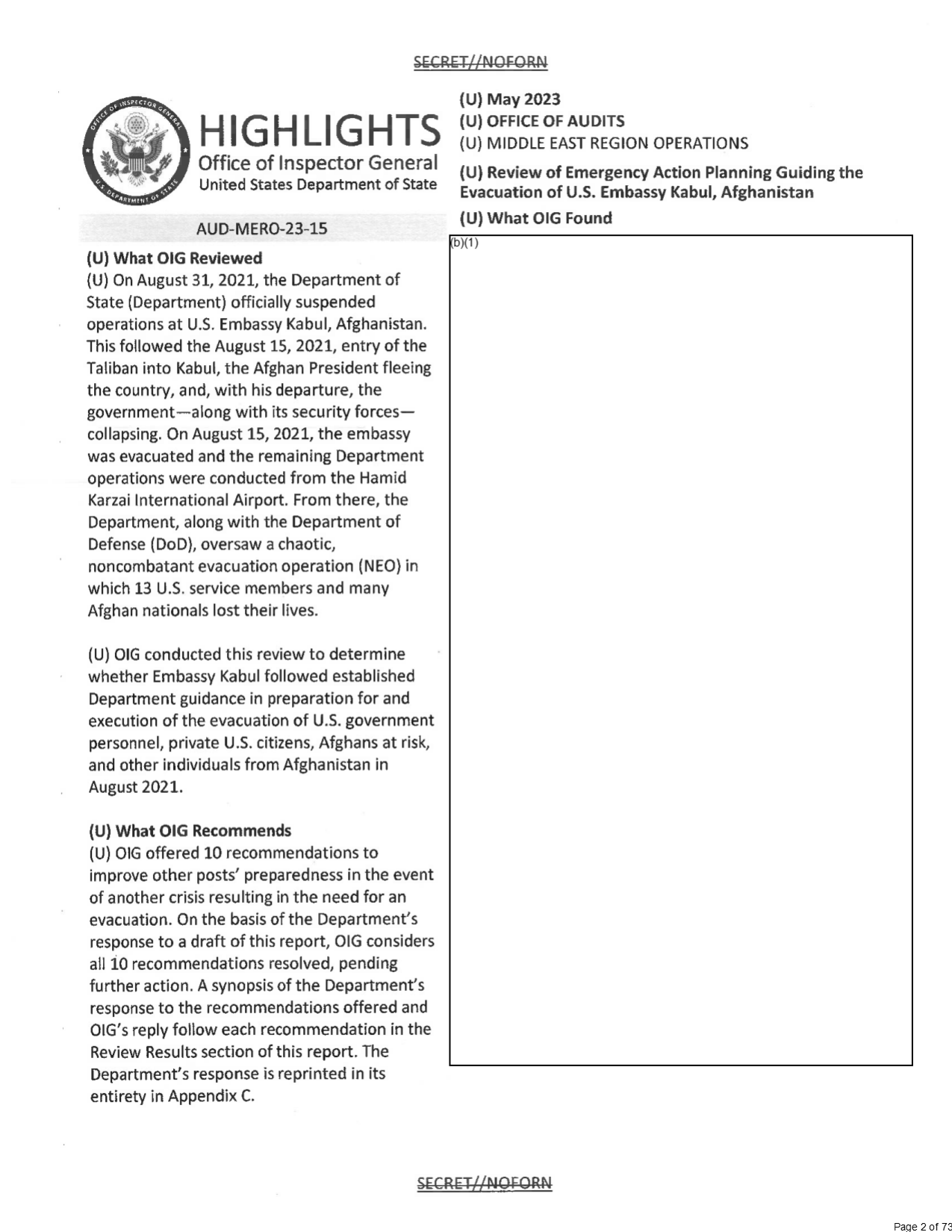 Highlights page of State Department OIG report AUD-MERO-23-15, May 2023. The left column, What OIG Reviewed and What OIG Recommends, is legible; the right-hand What OIG Found box is empty except for the marking (b)(1). The SECRET//NOFORN banners at top and bottom are struck through.