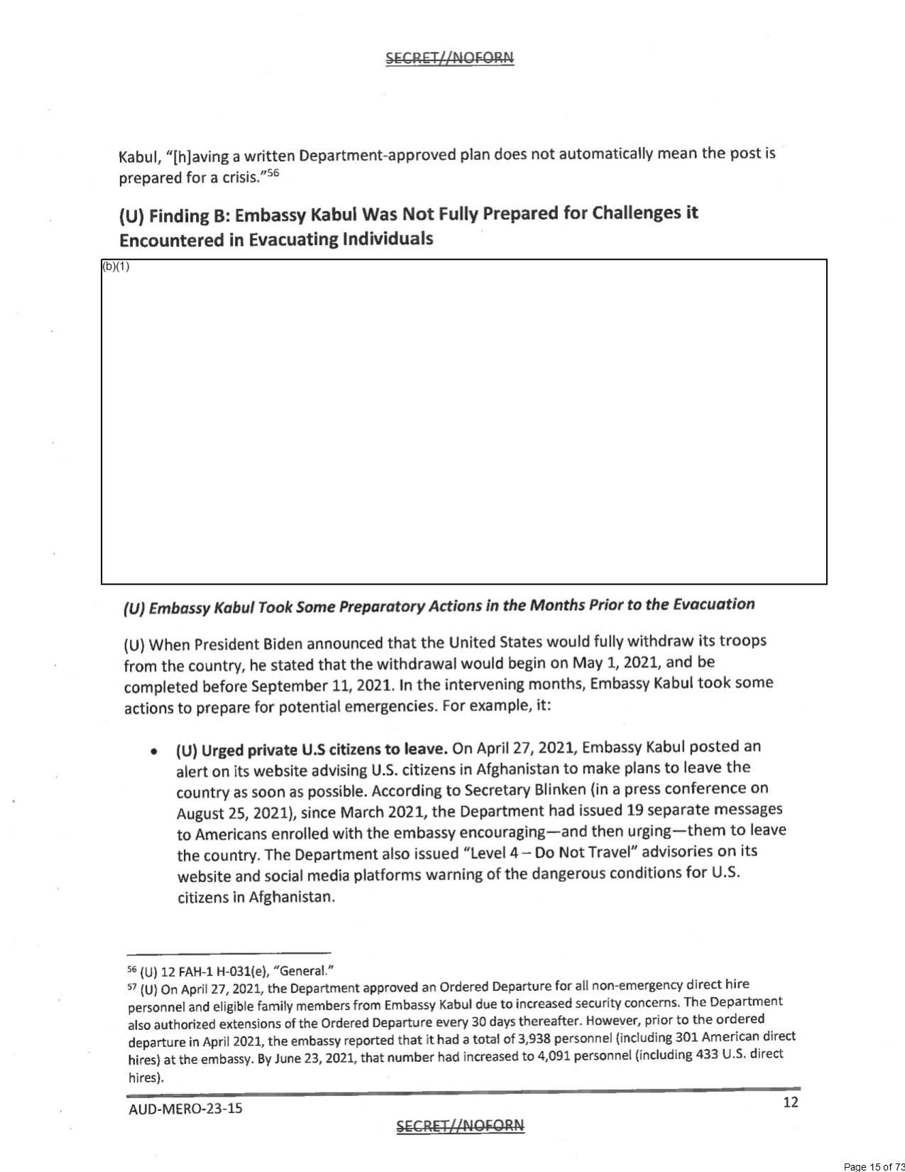 Page 12 of AUD-MERO-23-15: the heading Finding B, Embassy Kabul Was Not Fully Prepared for Challenges it Encountered in Evacuating Individuals, followed by a large box withheld under (b)(1), then a section on preparatory actions describing the April 27, 2021, alert urging U.S. citizens to leave, and a footnote on staffing of 3,938 and 4,091 personnel.