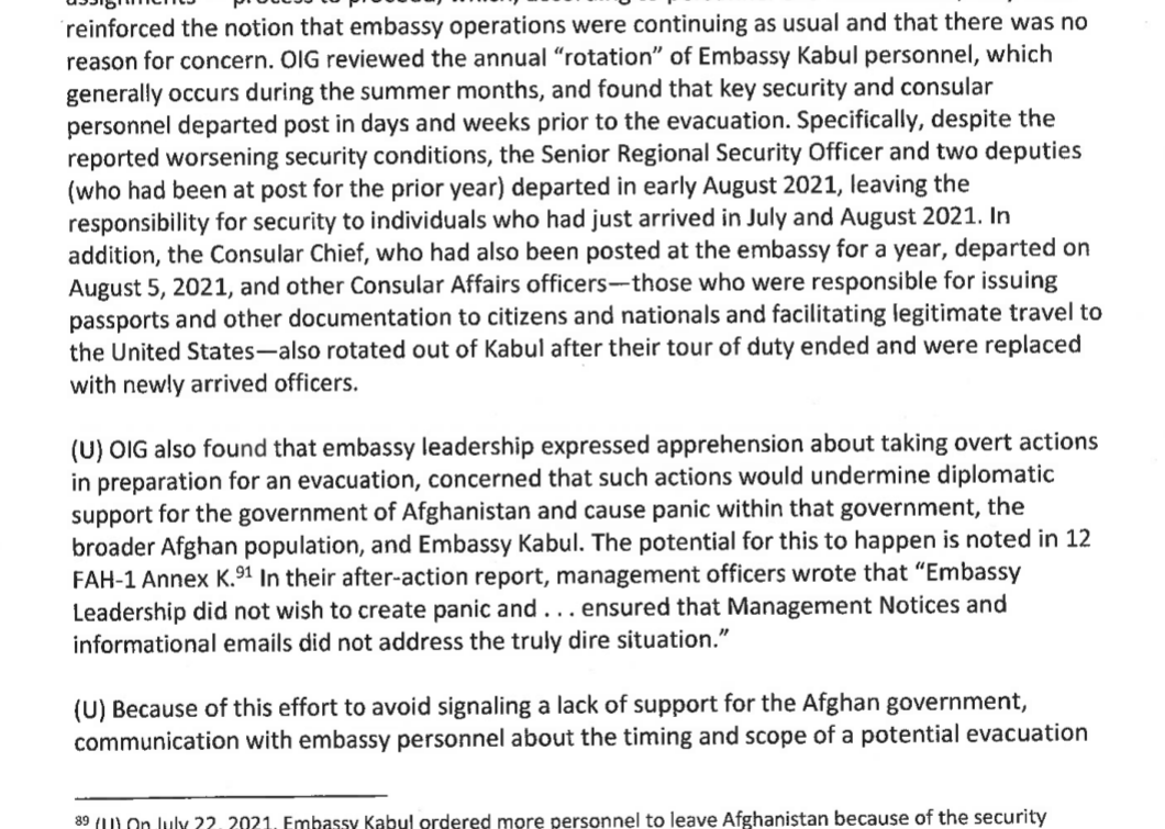 Crop of page 33 of AUD-MERO-23-15: two paragraphs on routine onward assignments, the early-August 2021 departure of the senior regional security officer and two deputies and the August 5 departure of the consular chief, and embassy leadership’s apprehension that overt evacuation steps would cause panic.