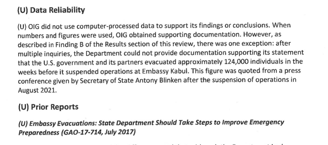 Crop of page 42 of AUD-MERO-23-15, the Data Reliability section, stating that after multiple inquiries the Department could not document its statement that about 124,000 people were evacuated.