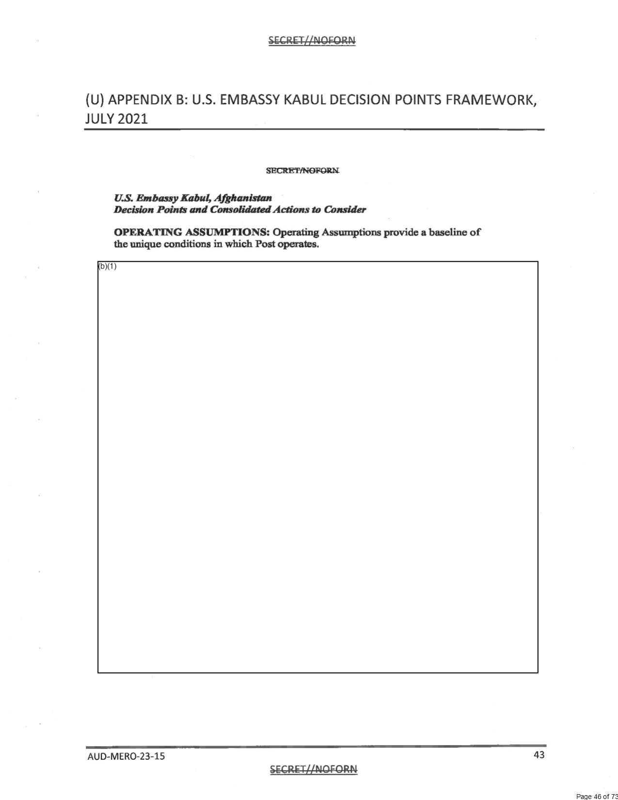 Page 43 of AUD-MERO-23-15, the first page of Appendix B, U.S. Embassy Kabul Decision Points Framework, July 2021. Under the heading Operating Assumptions, nearly the whole page is a box withheld under (b)(1); the embedded SECRET/NOFORN marking is struck through.