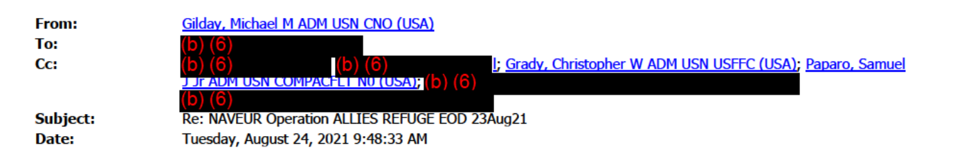 Version A, page 1 header of Adm. Gilday’s August 24, 2021, 9:48 AM reply: the To line and parts of the Cc line are covered by black bars labeled (b) (6), with Grady, Christopher W ADM USN USFFC (USA) and Paparo, Samuel J Jr ADM USN COMPACFLT N0 (USA) visible.