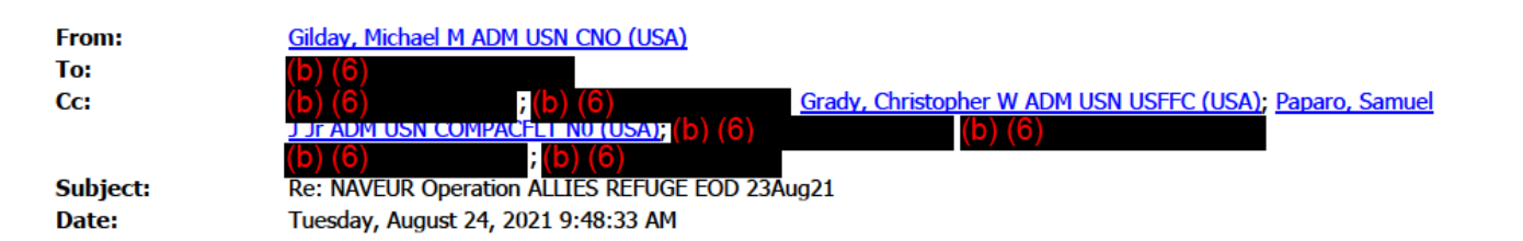 Version B, page 1 header of the same reply: the Cc line carries more and differently split black bars labeled (b) (6) than version A, with Grady and Paparo still visible.