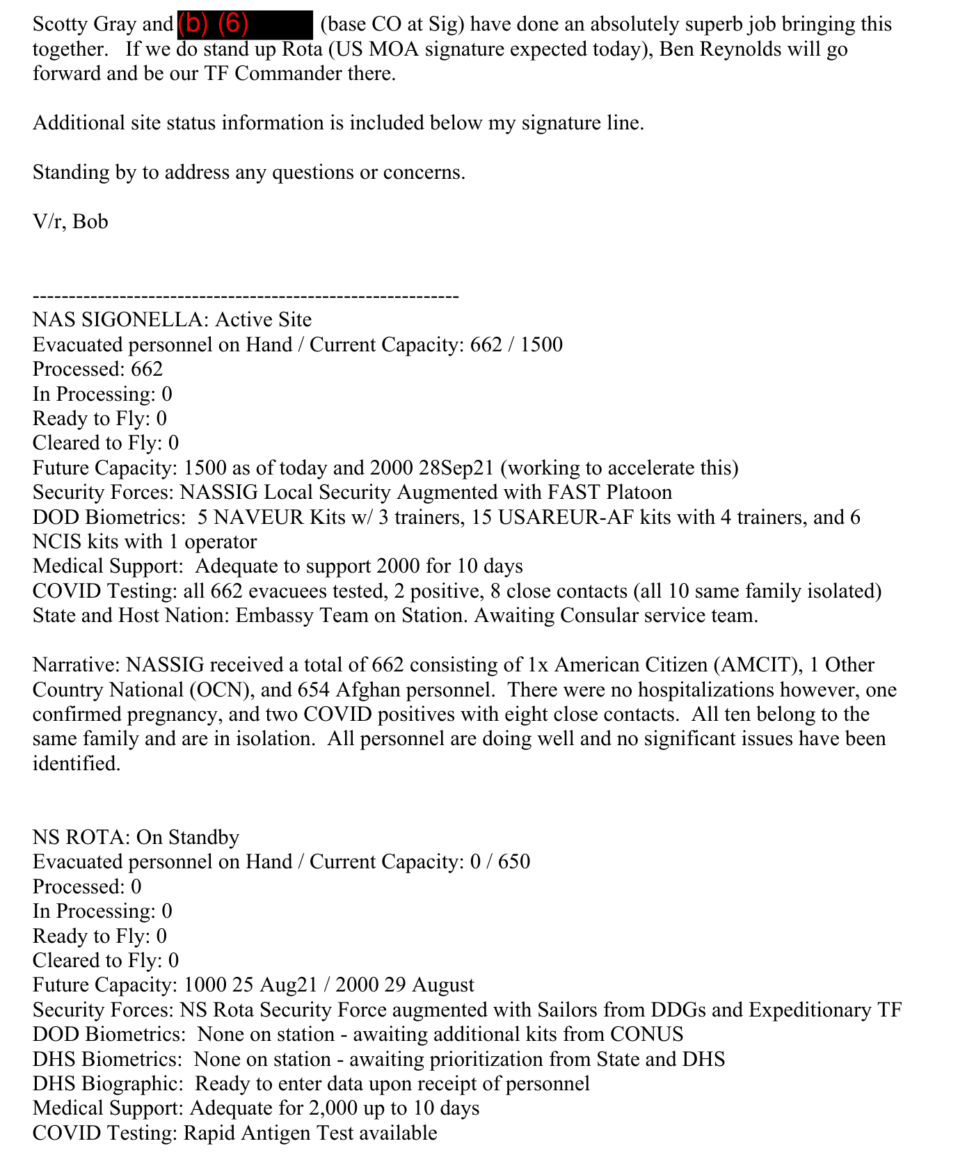 Page 2 of an August 24, 2021, email to the chief of naval operations titled NAVEUR Operation ALLIES REFUGE EOD 23Aug21. It praises Scotty Gray and the base commanding officer at Sigonella, whose name is withheld under (b)(6), and lists site status: NAS Sigonella active with 662 evacuees on hand against a capacity of 1,500, and NS Rota on standby with 0 of 650.