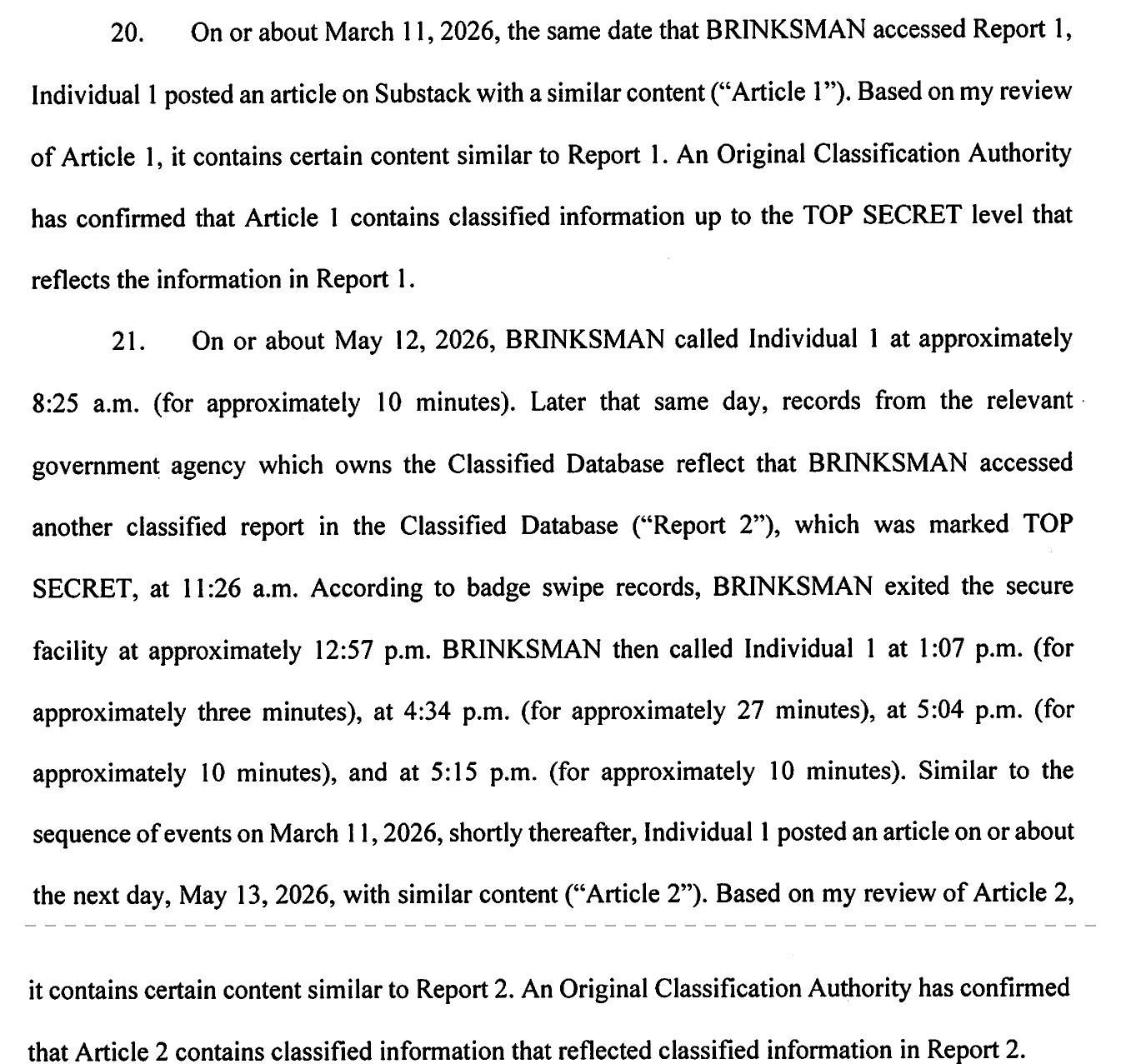 Typed affidavit text, paragraphs 20 and 21, describing Report 1 and Article 1 on March 11, 2026, and calls, Report 2 and Article 2 on May 12 and 13, 2026.
