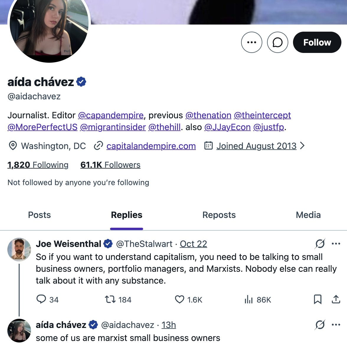 X profile of aída chávez, @aidachavez, with her bio, and on the Replies tab a post by Joe Weisenthal about Marxists and her reply, some of us are marxist small business owners.