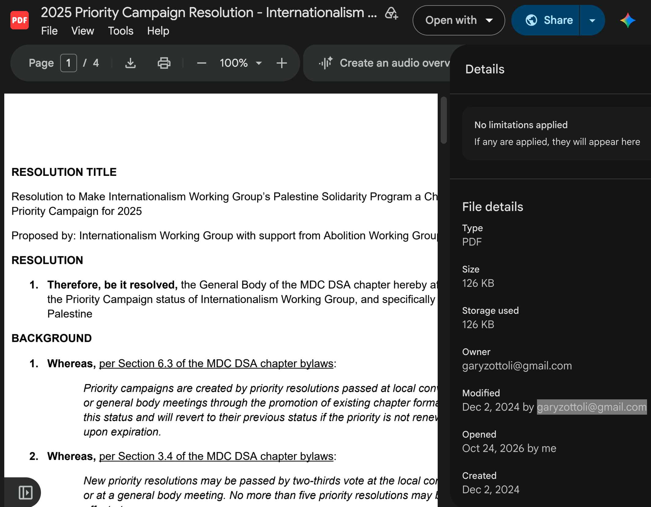 Google Drive viewer showing 2025 Priority Campaign Resolution - Internationalism, page 1 of the resolution, and a File details panel listing type PDF, size 126 KB, owner, modified and created dates of December 2, 2024.