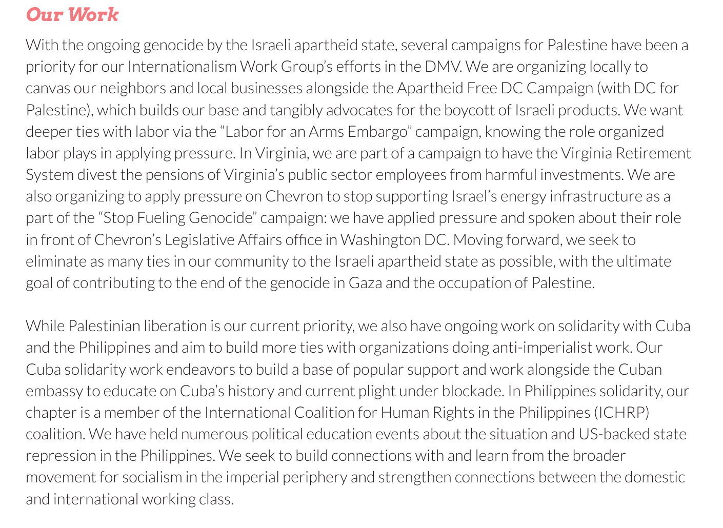 Text of the Our Work subsection of the Metro DC DSA program on Palestine campaigns and on Cuba and Philippines solidarity work.