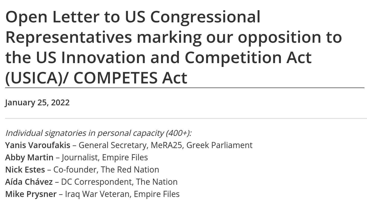 Heading of the DSA International Committee open letter opposing the US Innovation and Competition Act, dated January 25, 2022, and the signer line Aída Chávez, DC Correspondent, The Nation.