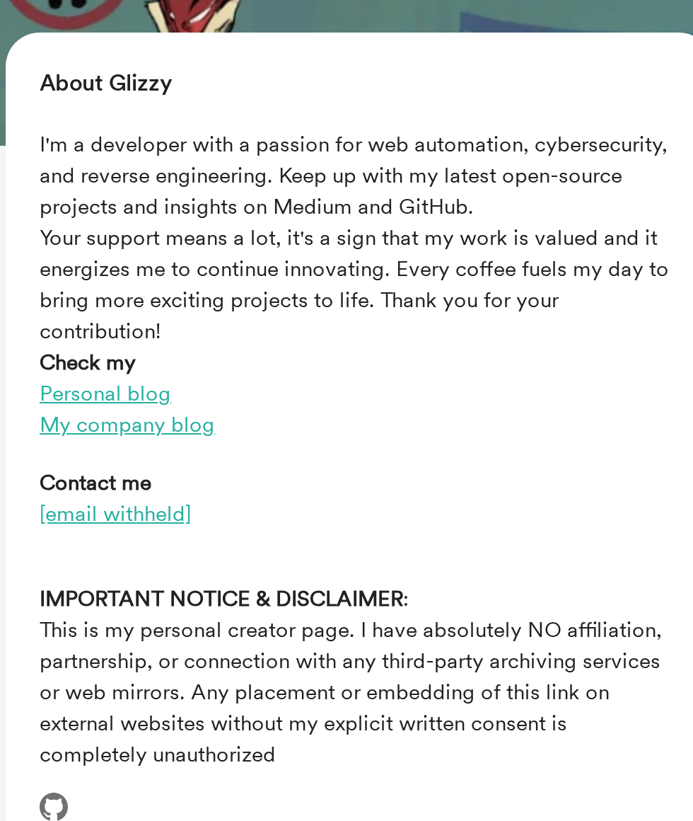 Buy Me a Coffee page for Glizzy with disclaimer