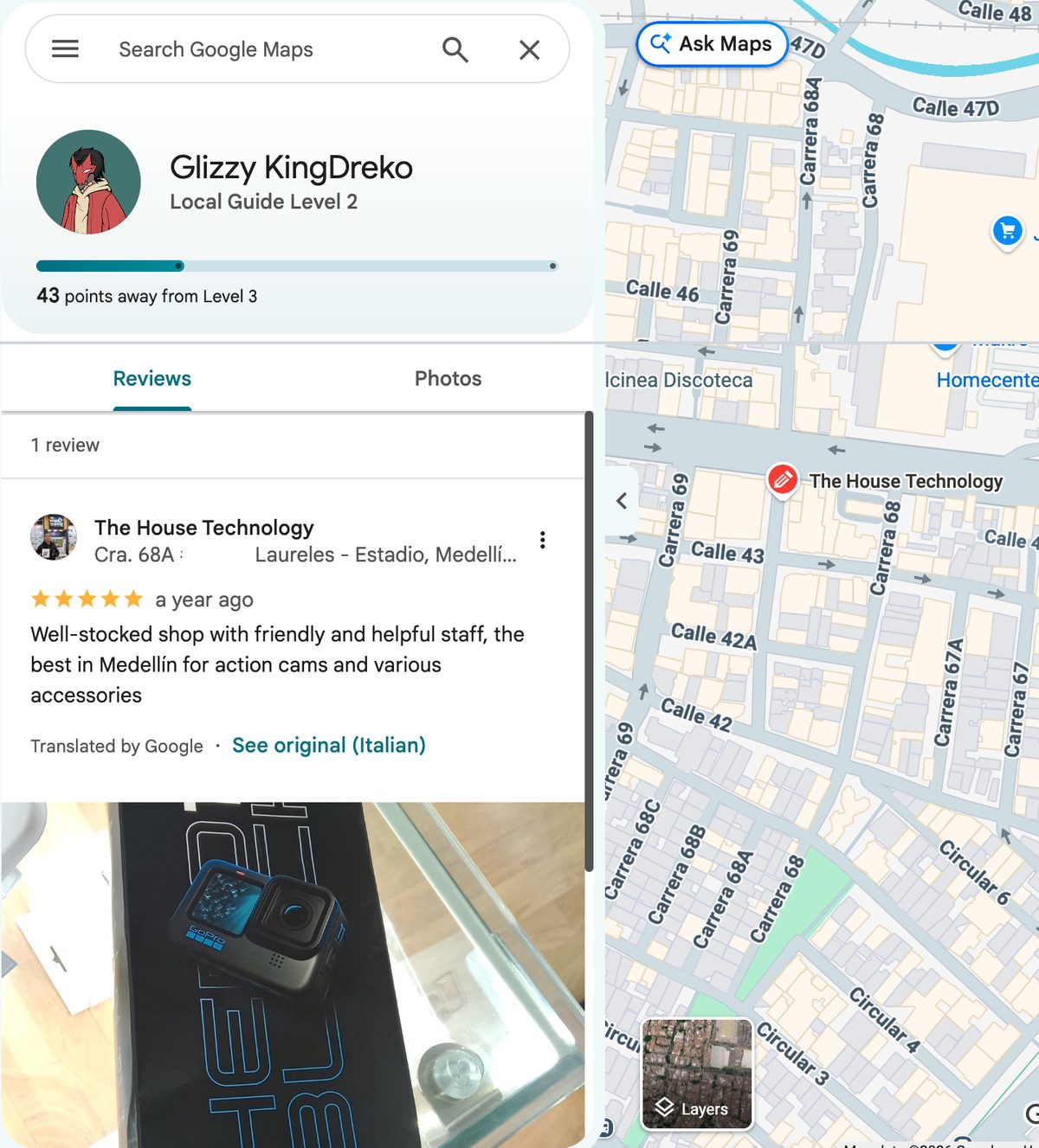 Google Maps contributor profile Glizzy KingDreko with one five-star review of The House Technology in Medellín