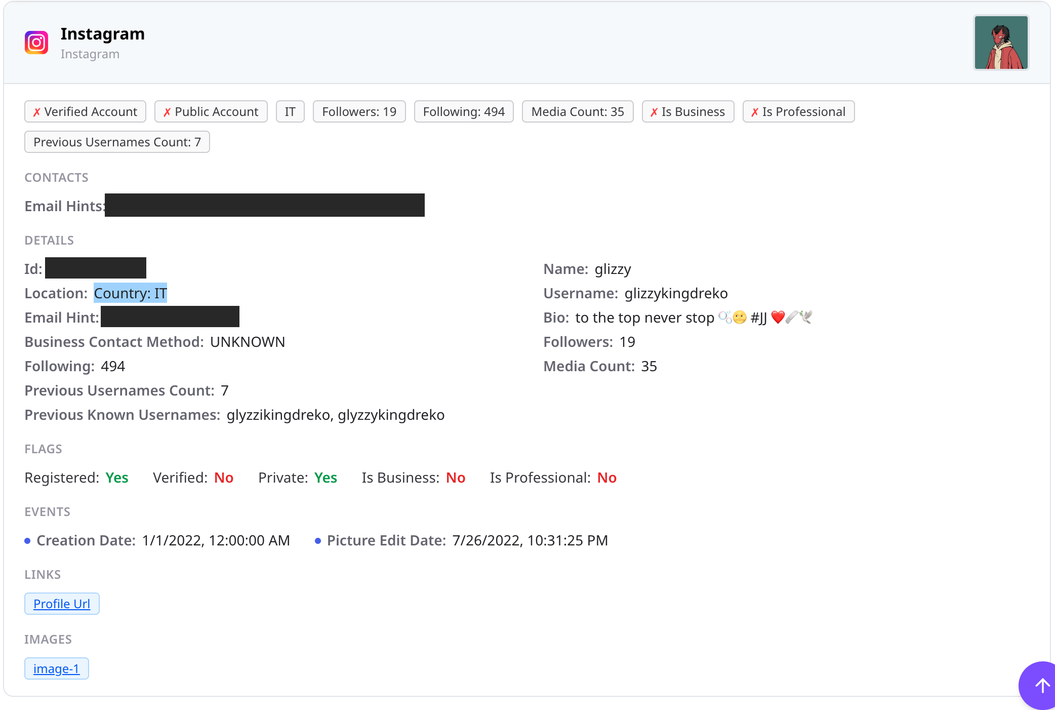 Instagram lookup for glizzykingdreko with email hint and account ID masked