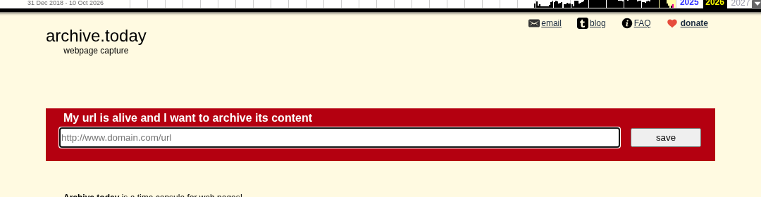 Wayback Machine copy of Archive.ph homepage, October 4, 2026, header with donate link