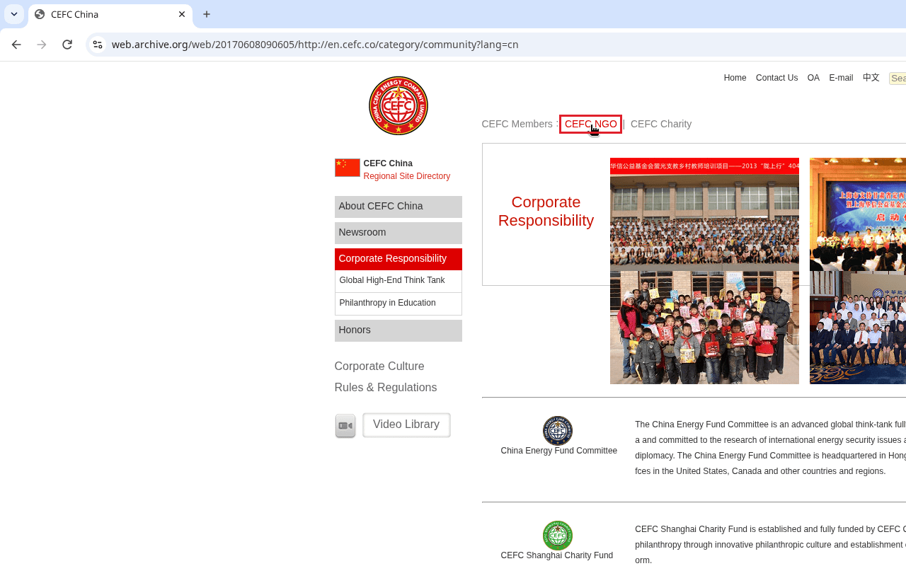 Browser screenshot of a Wayback Machine capture of en.cefc.co/category/community dated June 8, 2017, showing the CEFC China logo, the Corporate Responsibility menu, a line reading CEFC Members: CEFC NGO | CEFC Charity with CEFC NGO outlined in red, and a China Energy Fund Committee entry below.