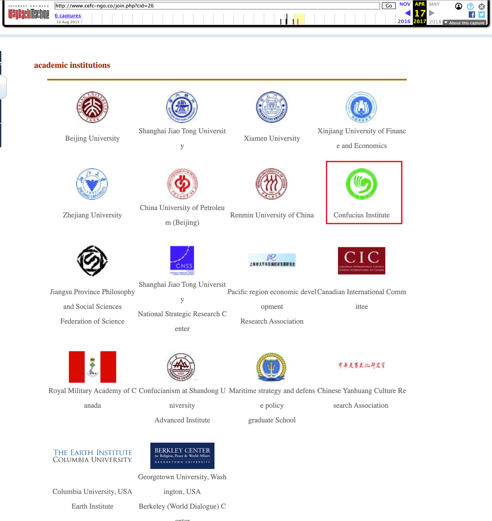The same Wayback capture rendered with browser machine translation, showing the academic institutions grid with Confucius Institute outlined in red in row 2, column 4.