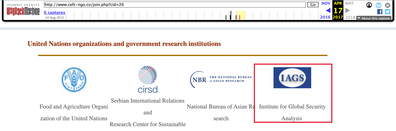 The same row in browser machine translation, with the IAGS logo labeled Institute for Global Security Analysis outlined in red.