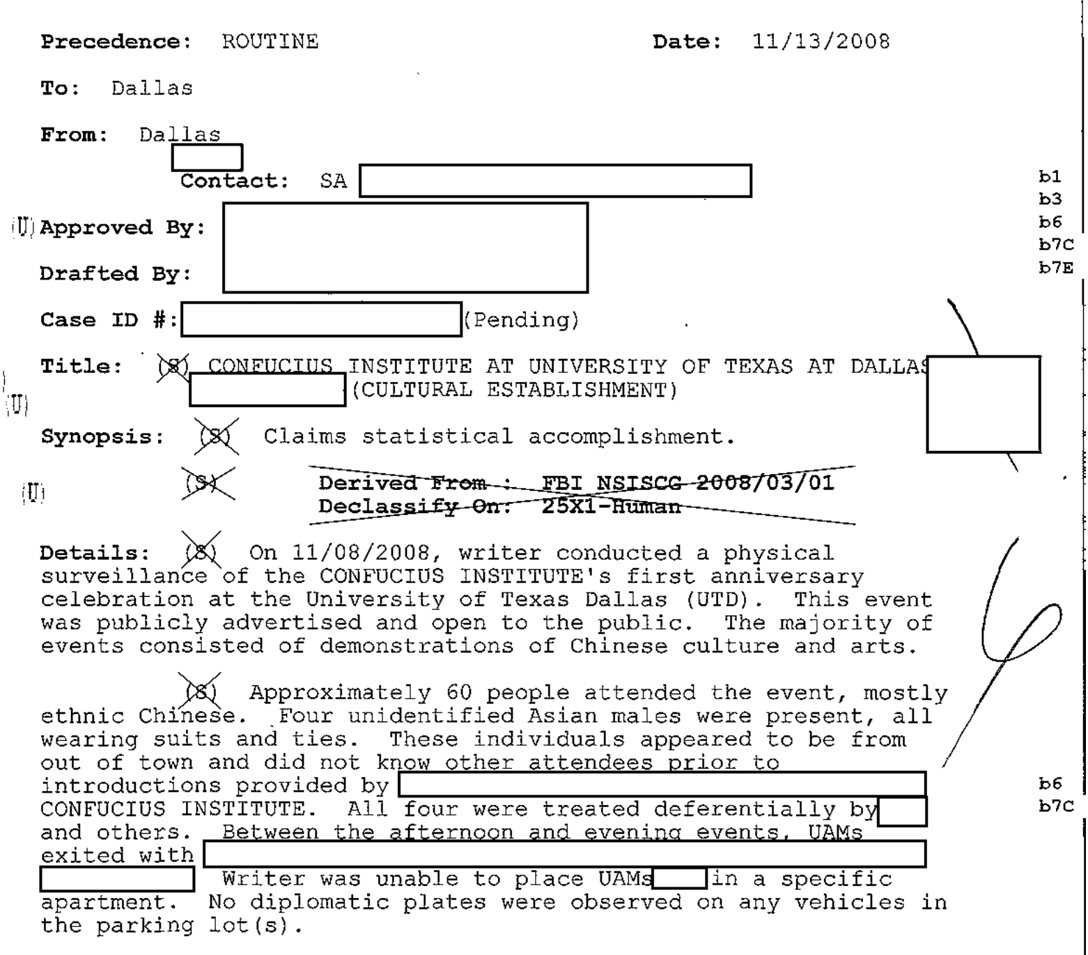 Excerpt of an FBI communication dated 11/13/2008 from Dallas, titled Confucius Institute at University of Texas at Dallas, with synopsis Claims statistical accomplishment. The details paragraph says that on 11/08/2008 the writer conducted a physical surveillance of the Confucius Institute’s first anniversary celebration at UTD.