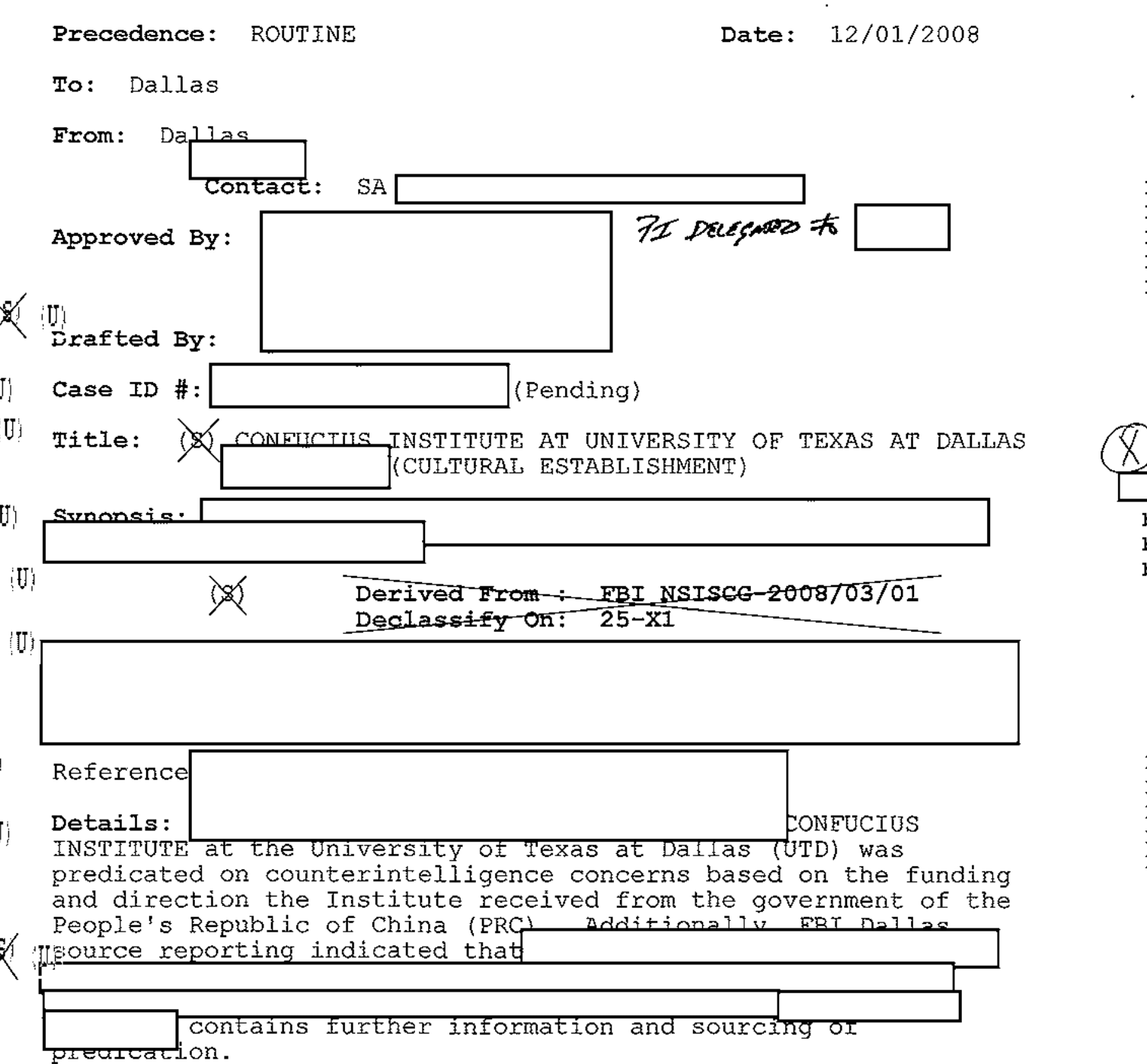 Excerpt of an FBI electronic communication dated 12/01/2008, from Dallas, titled Confucius Institute at University of Texas at Dallas (Cultural Establishment), with redaction boxes and struck-through SECRET markings. The details paragraph says the case was predicated on counterintelligence concerns based on funding and direction from the PRC government.