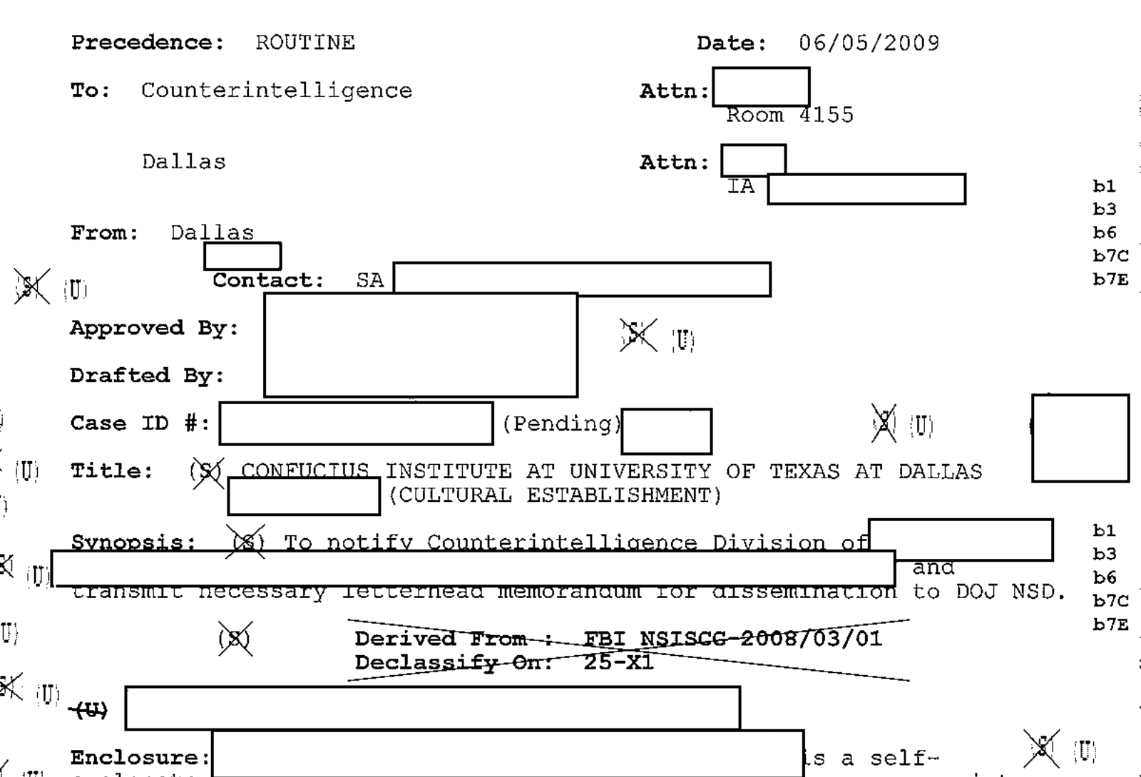 Excerpt of an FBI communication dated 06/05/2009 from Dallas to Counterintelligence, titled Confucius Institute at University of Texas at Dallas, whose synopsis reads: To notify Counterintelligence Division of [redacted] and transmit necessary letterhead memorandum for dissemination to DOJ NSD.