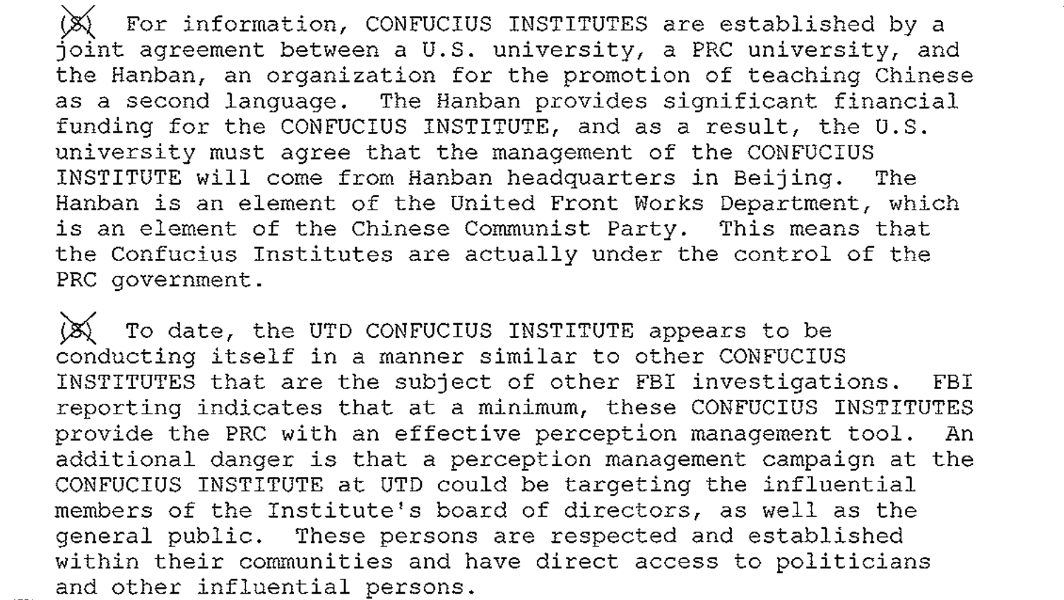 Excerpt of an FBI record stating that the Hanban is an element of the United Front Works Department and that the Confucius Institutes are actually under the control of the PRC government.