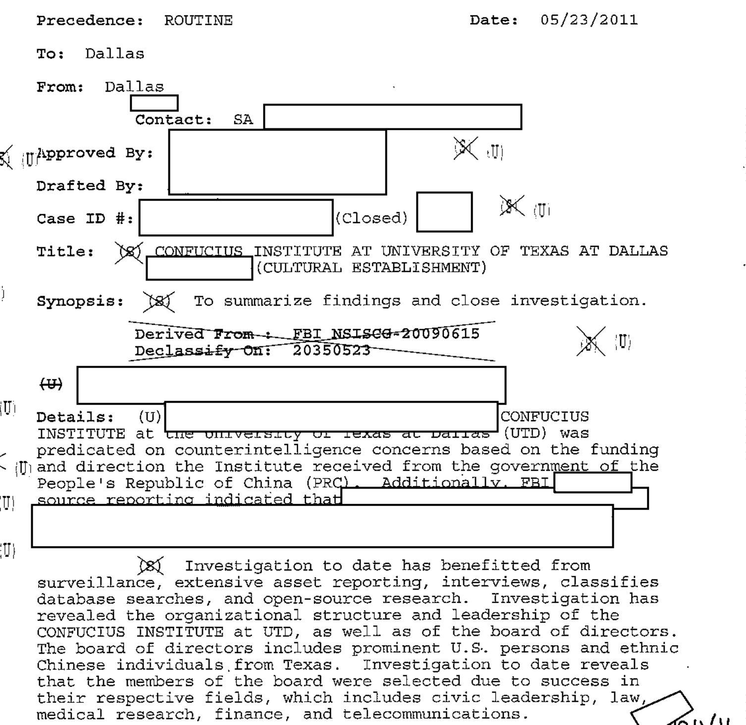 Excerpt of an FBI communication dated 05/23/2011 with synopsis: to summarize findings and close investigation.