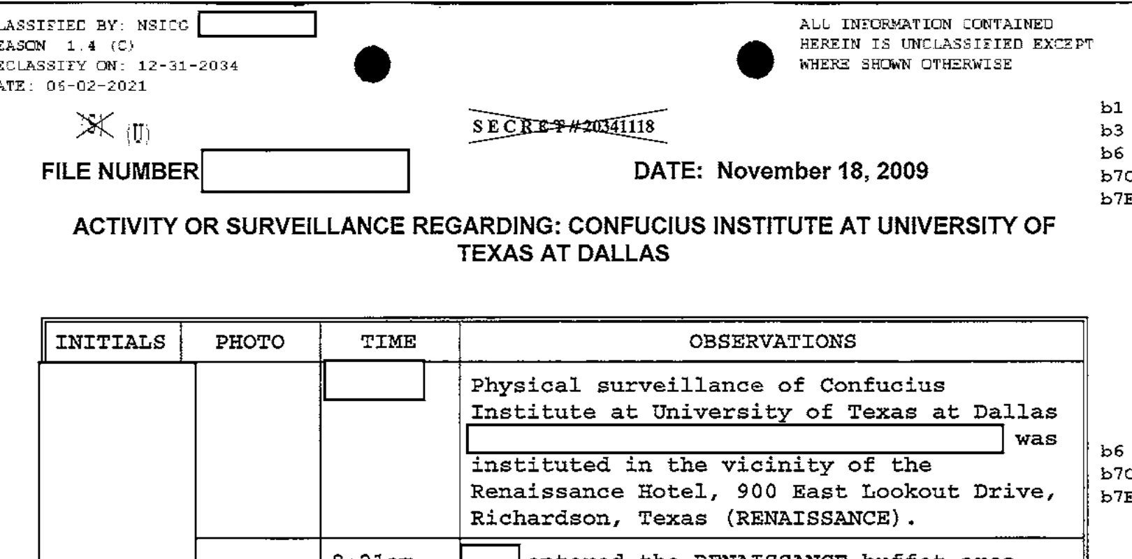 FBI surveillance log dated November 18, 2009, titled Activity or Surveillance Regarding: Confucius Institute at University of Texas at Dallas, with the first observation reading Physical surveillance of Confucius Institute at University of Texas at Dallas was instituted in the vicinity of the Renaissance Hotel, 900 East Lookout Drive, Richardson, Texas.
