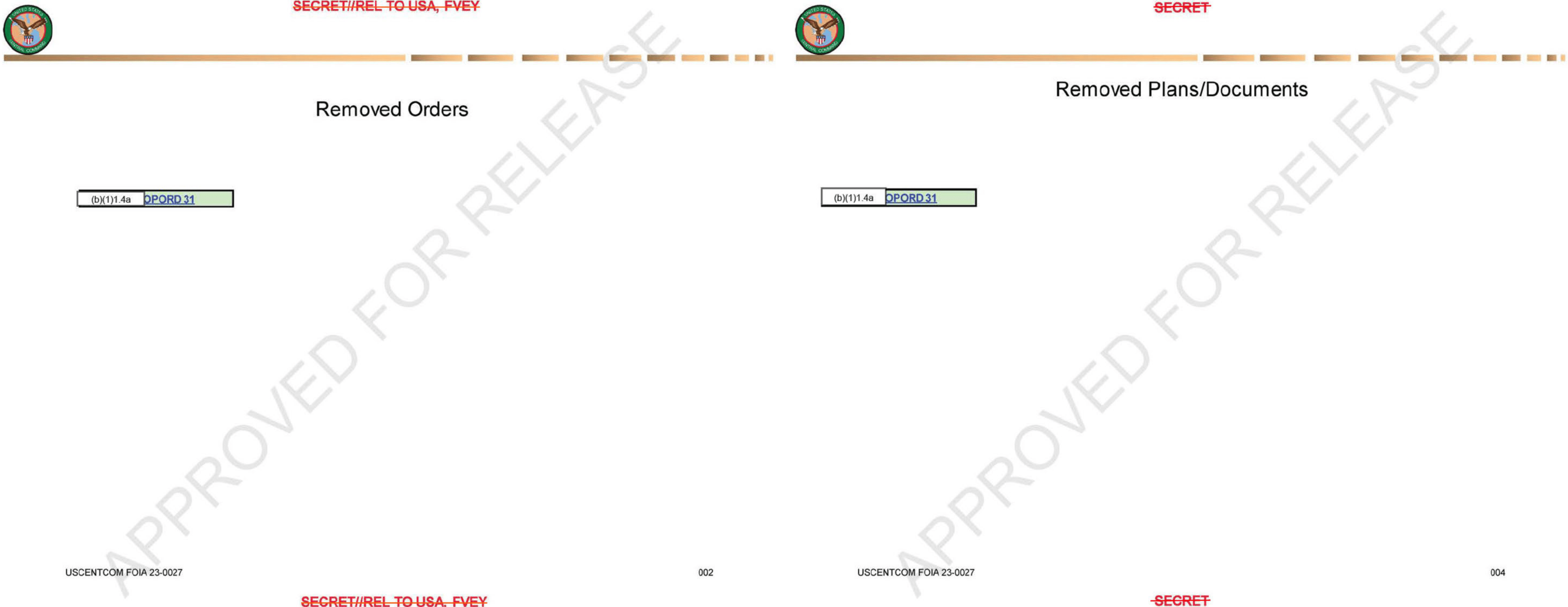 CENTCOM Anvil Chart removed-orders pages 2 and 4 Released CENTCOM Anvil Chart pages 2 and 4, titled Removed Orders and Removed Plans/Documents, each showing OPORD 31 beside a (b)(1)1.4a withheld box, stamped Approved for Release with struck-through classification banners.