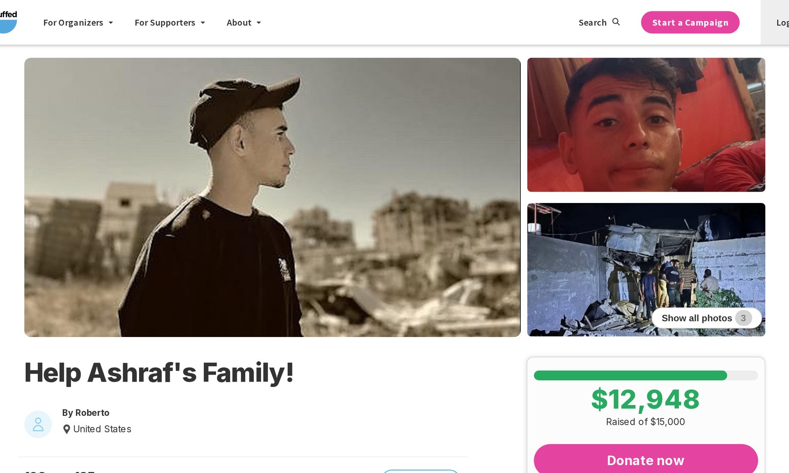 Screenshot of a Chuffed campaign page titled Help Ashraf’s Family! by an organizer in the United States, showing $12,948 raised of $15,000, 192 supporters and 135 shares