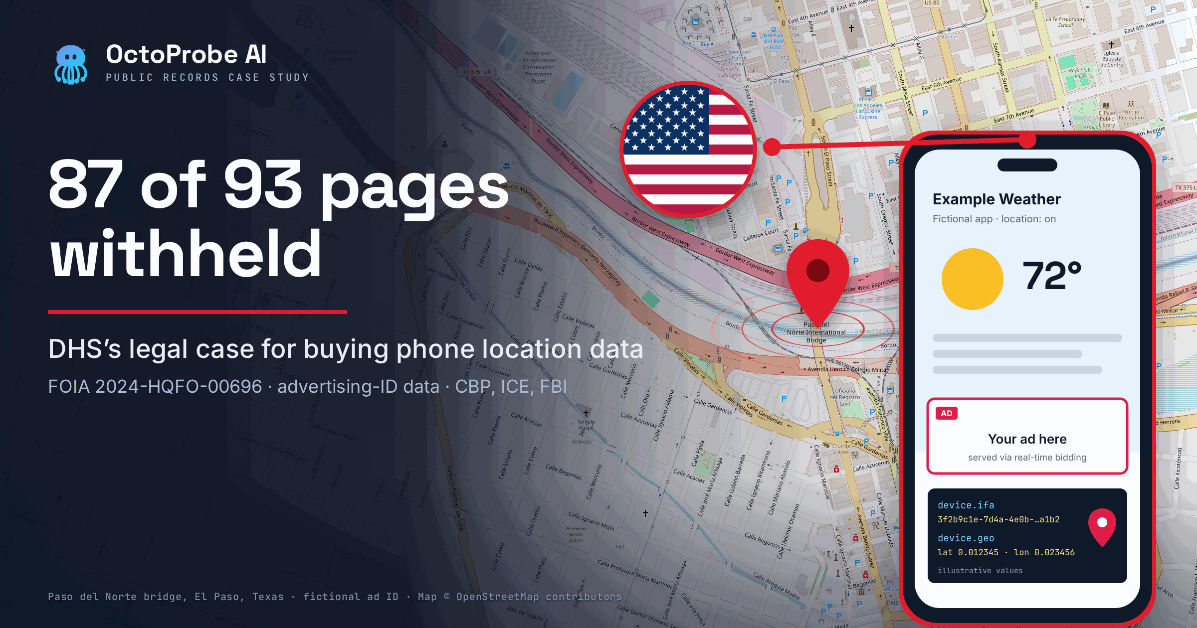 87 of 93 pages withheld Illustration: bright street map of the Paso del Norte International Bridge over the Rio Grande between El Paso, Texas, and Ciudad Juárez, Mexico, with a red pin on the bridge, a U.S. flag, and a red line to a phone graphic showing an ad slot and a fictional advertising ID