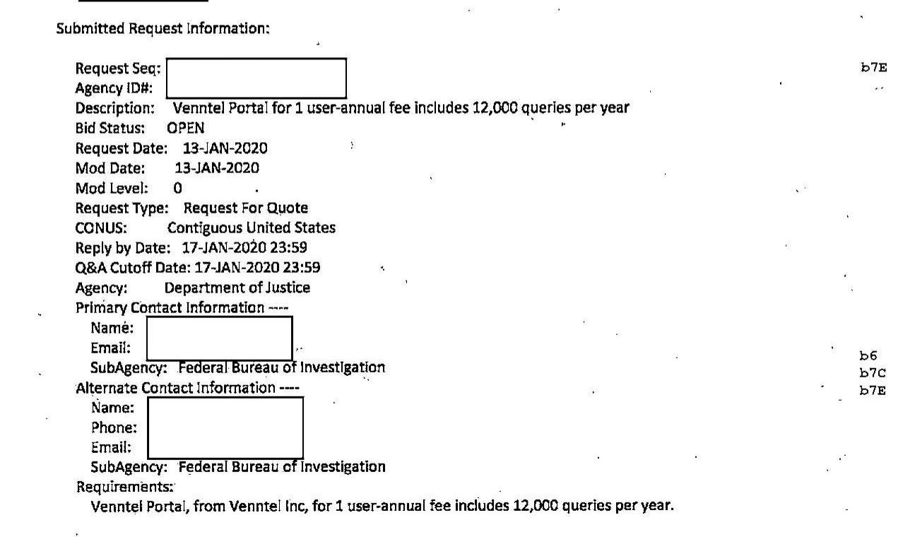 FBI request for quotes for one Venntel Portal user annual fee that includes 12,000 queries per year