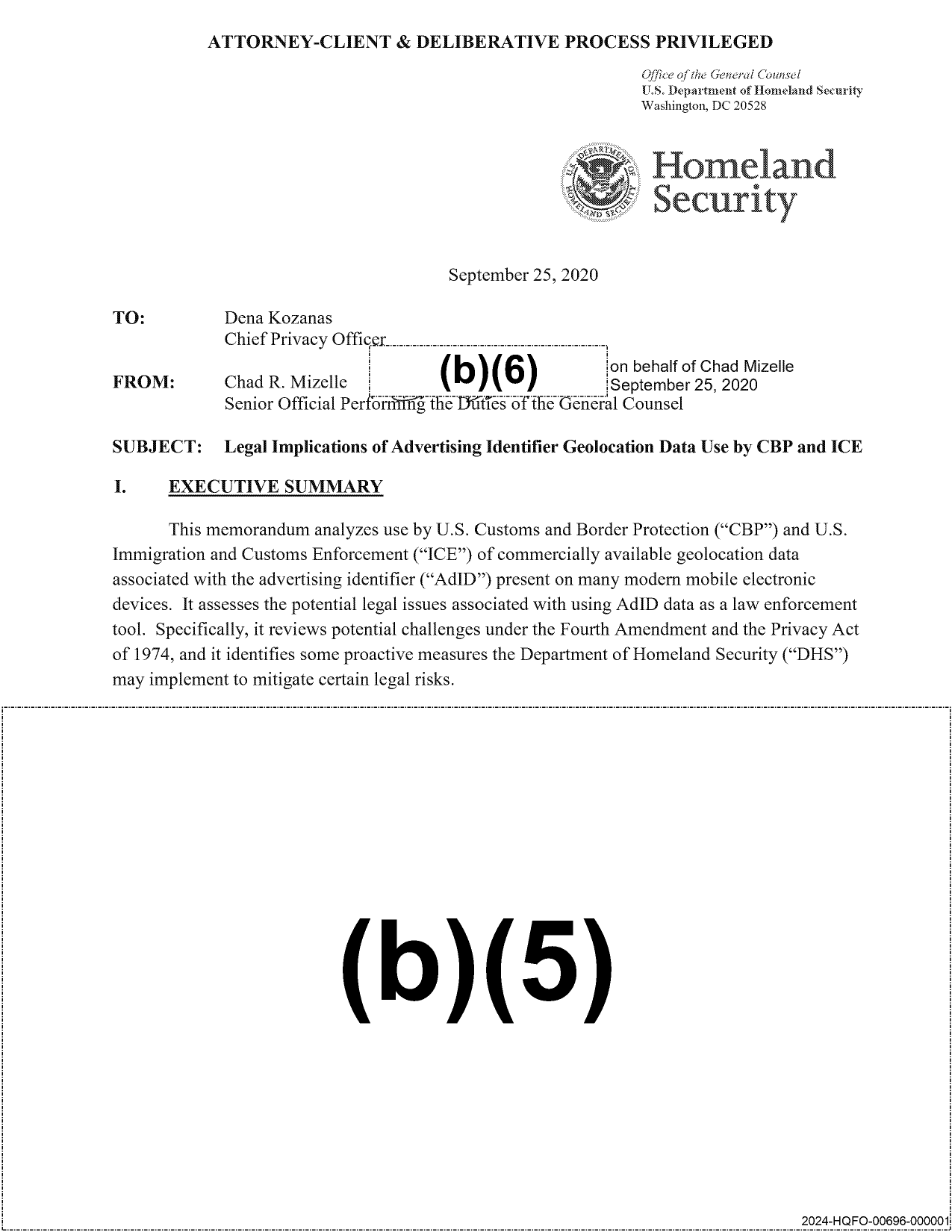 First page of the DHS Office of the General Counsel memo dated September 25, 2020, subject Legal Implications of Advertising Identifier Geolocation Data Use by CBP and ICE, with the executive summary followed by a large (b)(5) withholding stamp