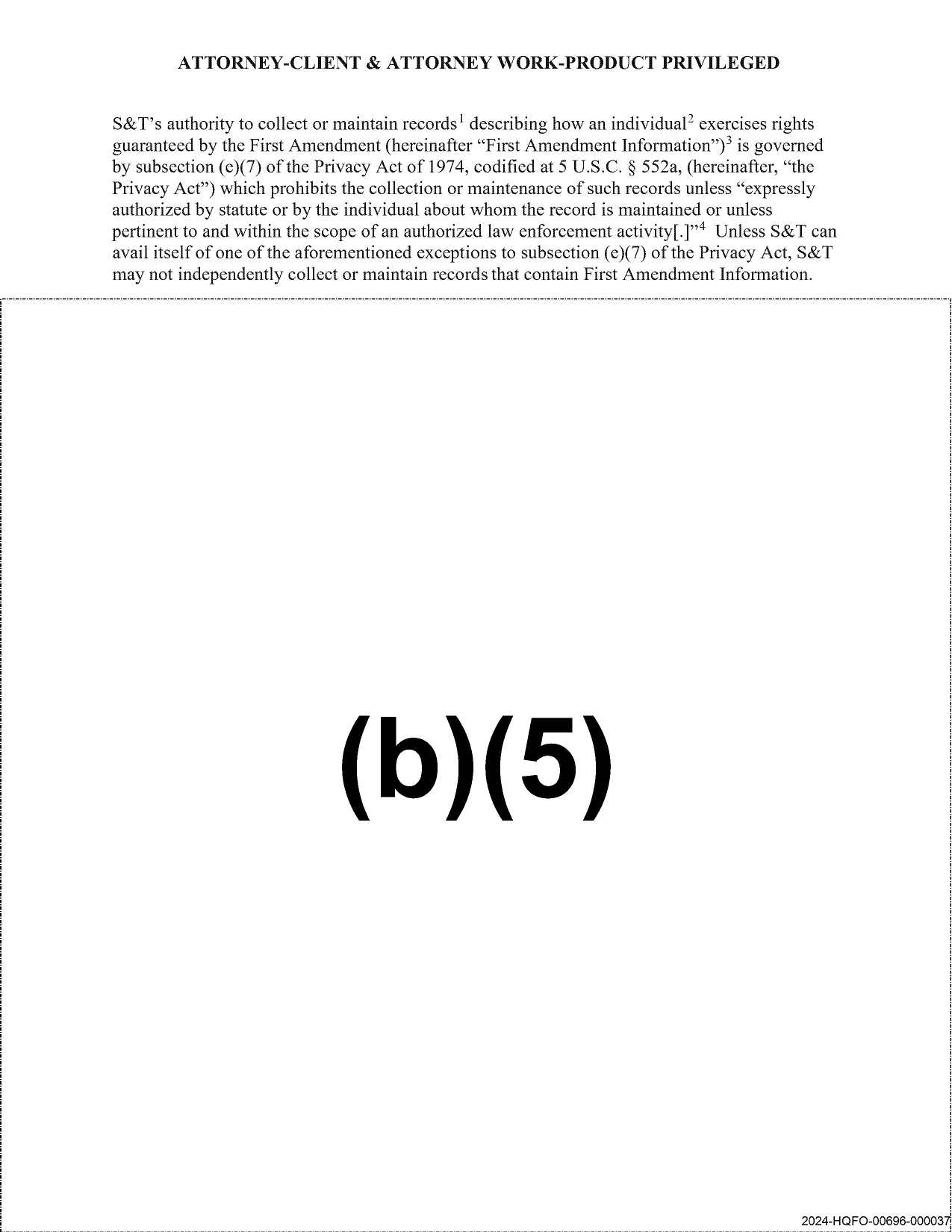 Second page of the DHS December 6, 2021 Privacy Act memo quoting subsection (e)(7) above a (b)(5) withholding stamp