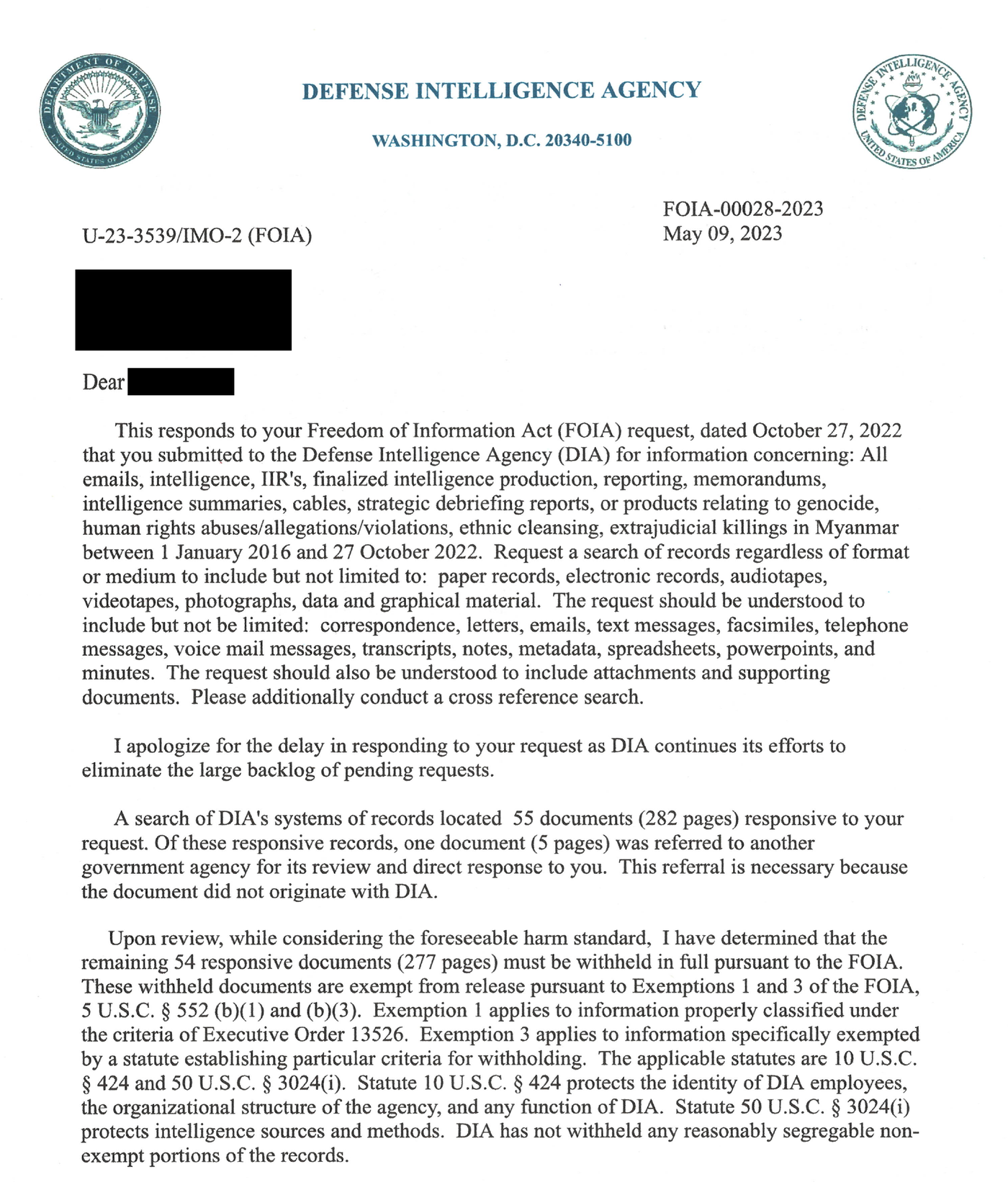 DIA letter, FOIA-00028-2023 DIA letter on letterhead, case FOIA-00028-2023, dated May 9, 2023, with the requester's name and address blacked out, saying a search located 55 documents (282 pages), one document (5 pages) was referred to another agency, and the remaining 54 documents (277 pages) were withheld in full under FOIA Exemptions 1 and 3, citing 10 U.S.C. 424 and 50 U.S.C. 3024(i)