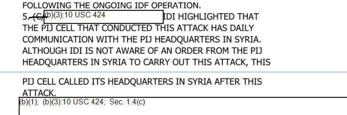 DIA IIR, July 13, 2005, paragraph 5 Paragraph five of the July 13, 2005, DIA report: Israeli Defense Intelligence highlighted that the PIJ cell that conducted this attack has daily communication with the PIJ headquarters in Syria and called its headquarters in Syria after the attack
