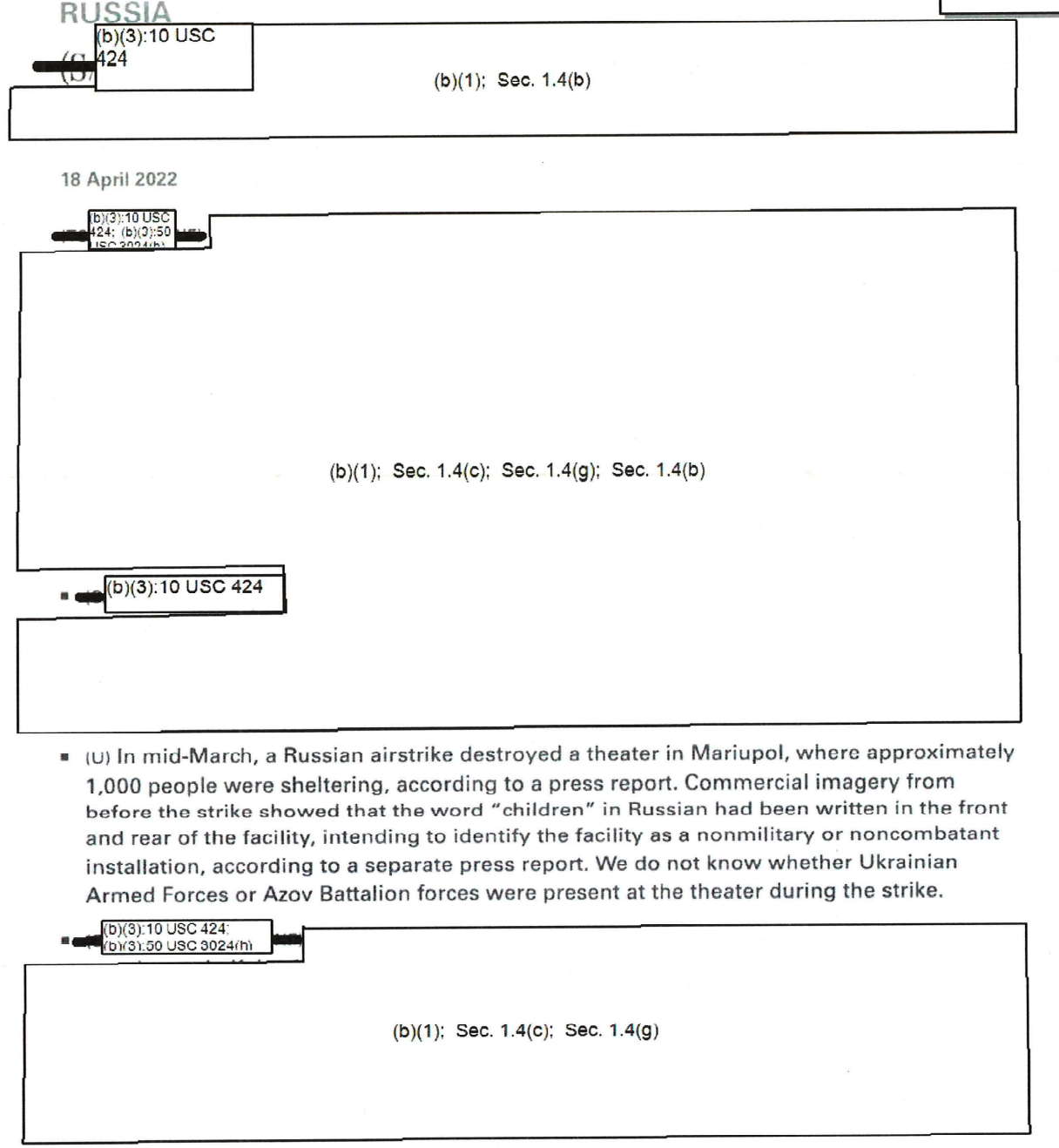 Defense Intelligence Digest, April 18, 2022 Page from the April 18, 2022, Defense Intelligence Digest released under FOIA: most of the page is blacked out with boxes citing (b)(1) Sec. 1.4(b), 1.4(c), 1.4(g) and (b)(3) 10 USC 424 and 50 USC 3024(h), leaving one unclassified paragraph about the Russian airstrike on the Mariupol theater