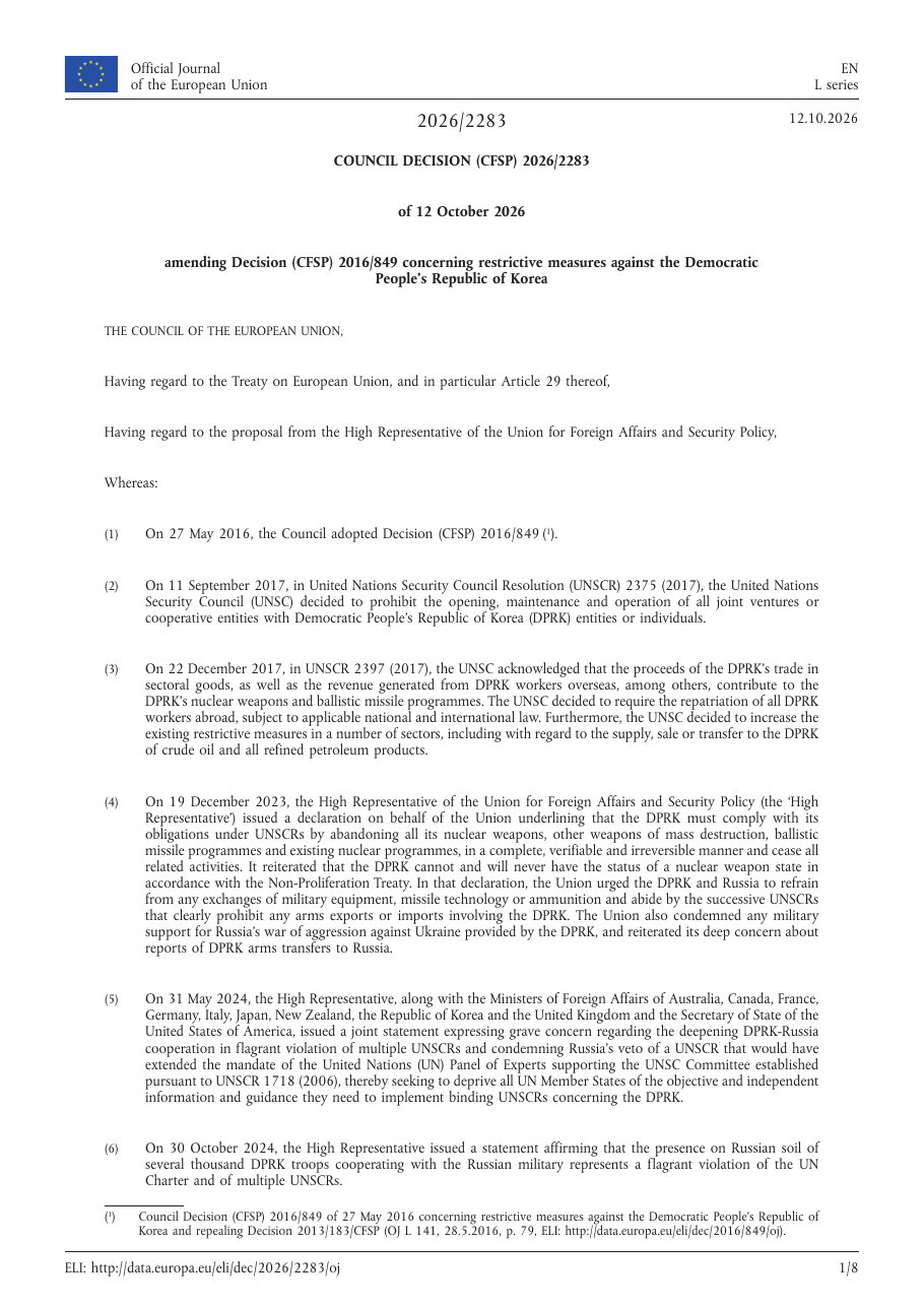 First page of the Official Journal of the European Union, L series 2026/2283, dated 12.10.2026: Council Decision (CFSP) 2026/2283 of 12 October 2026 amending Decision (CFSP) 2016/849 concerning restrictive measures against the Democratic People’s Republic of Korea, with the opening recitals.