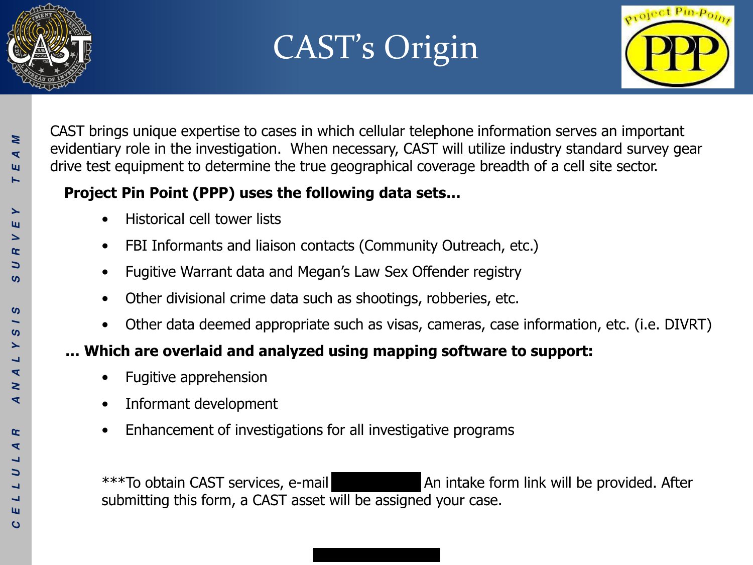 CAST’s Origin slide describing drive testing of cell site coverage and a Project Pin Point mapping program