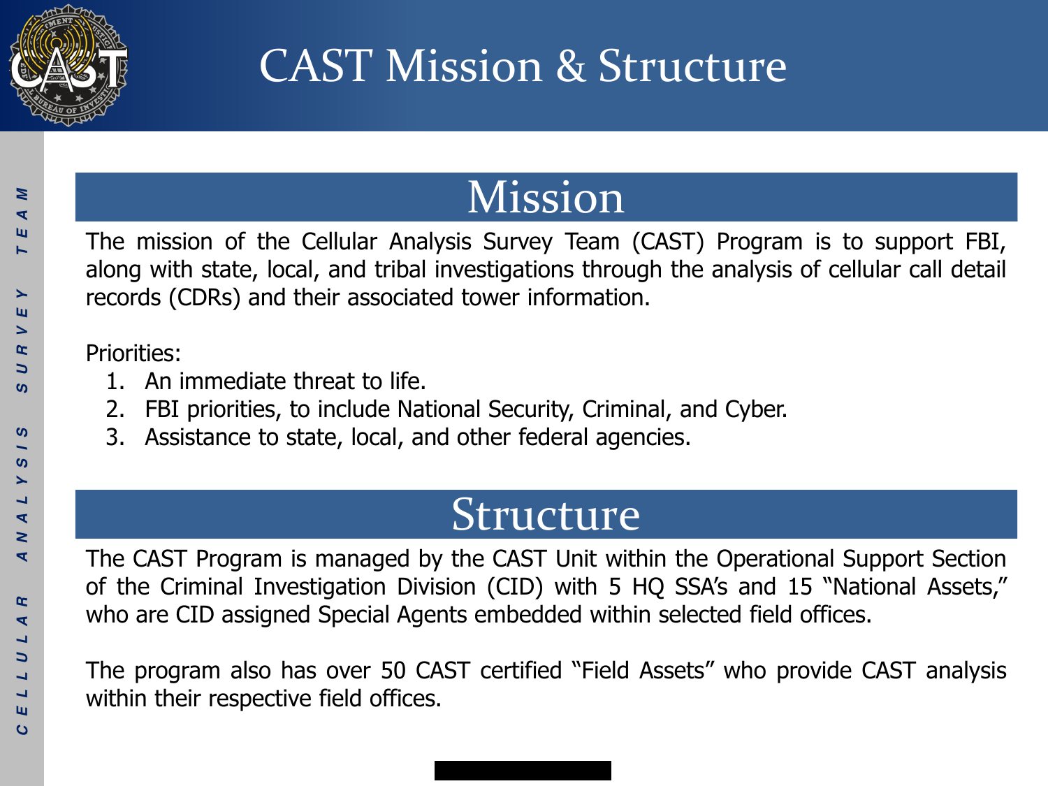 CAST Mission and Structure slide listing the program’s mission, three priorities, headquarters supervisors, National Assets and Field Assets