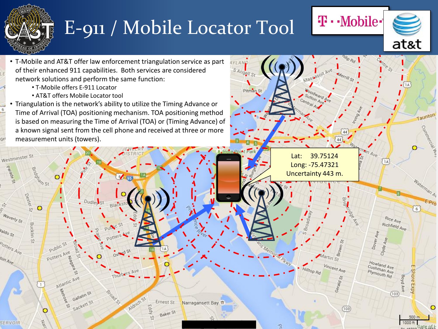 E-911 Mobile Locator Tool slide: three towers on a street map with dashed range rings meeting at a phone, labeled with a latitude, longitude and uncertainty of 443 meters