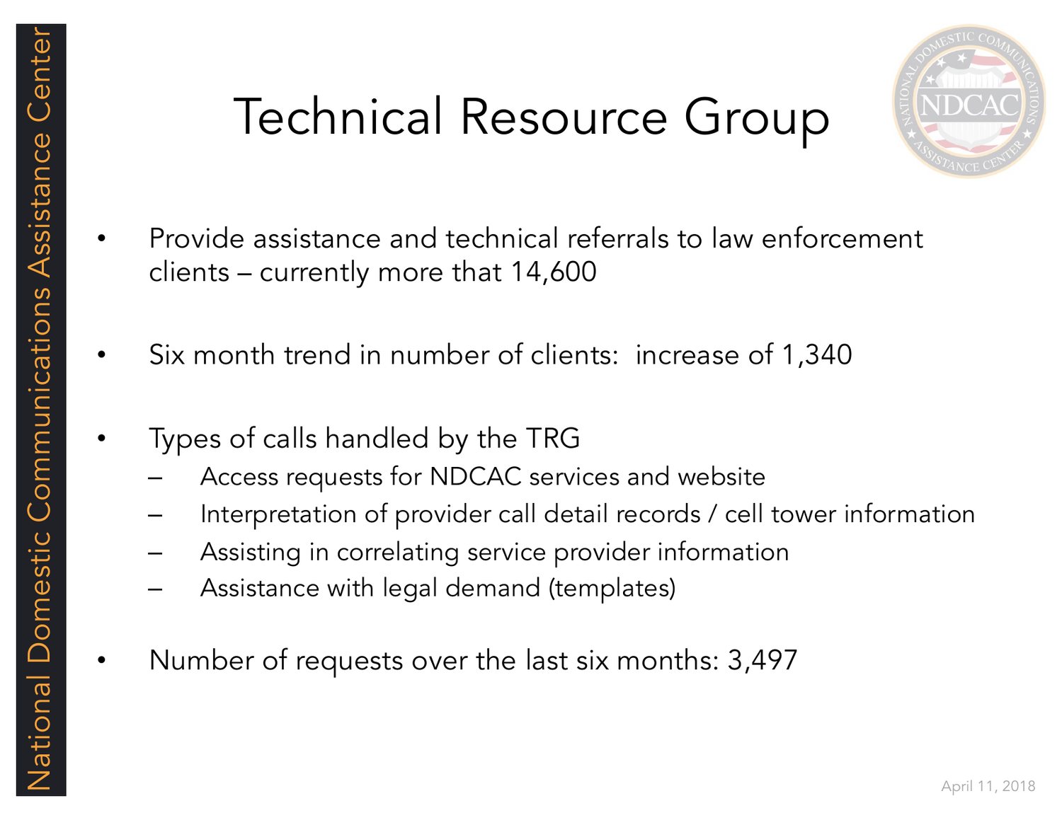 NDCAC Technical Resource Group slide listing client numbers, types of calls handled including interpretation of call detail records, and 3,497 requests in six months