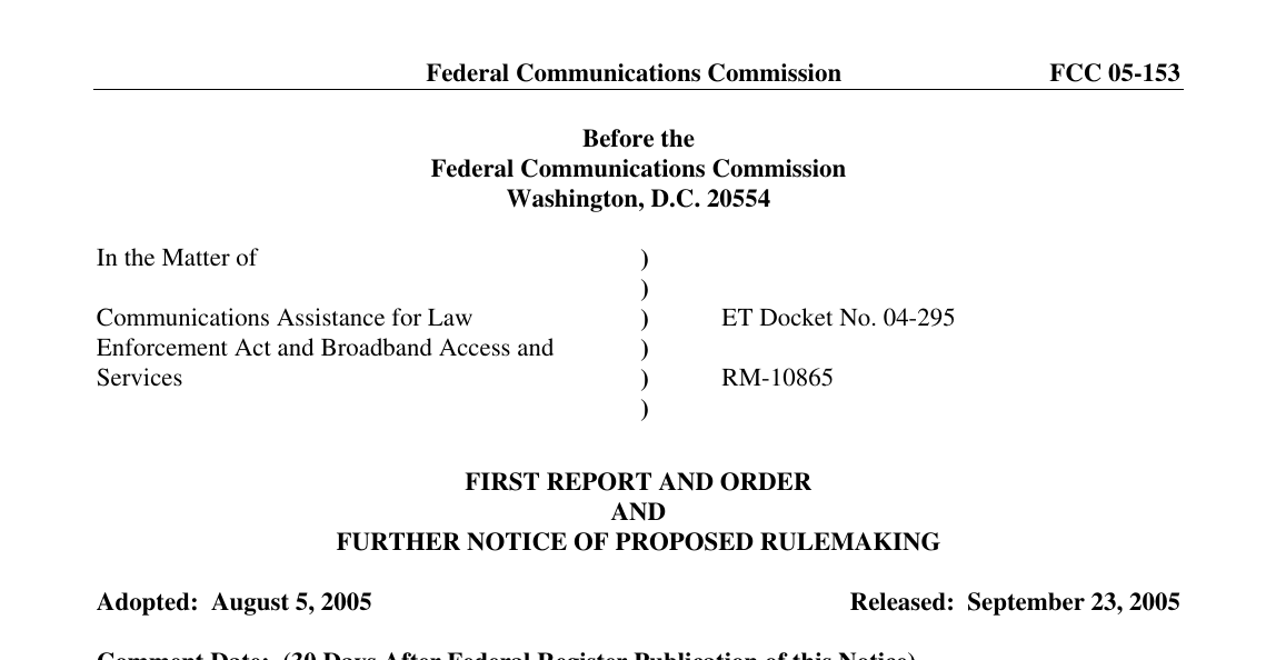 First page of FCC 05-153, CALEA and Broadband Access and Services (PDF)
