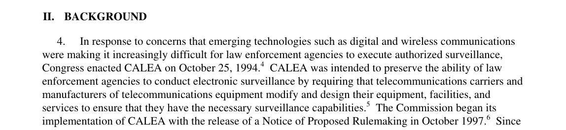 Paragraph 4 of FCC order 05-153, explaining that Congress enacted CALEA on October 25, 1994