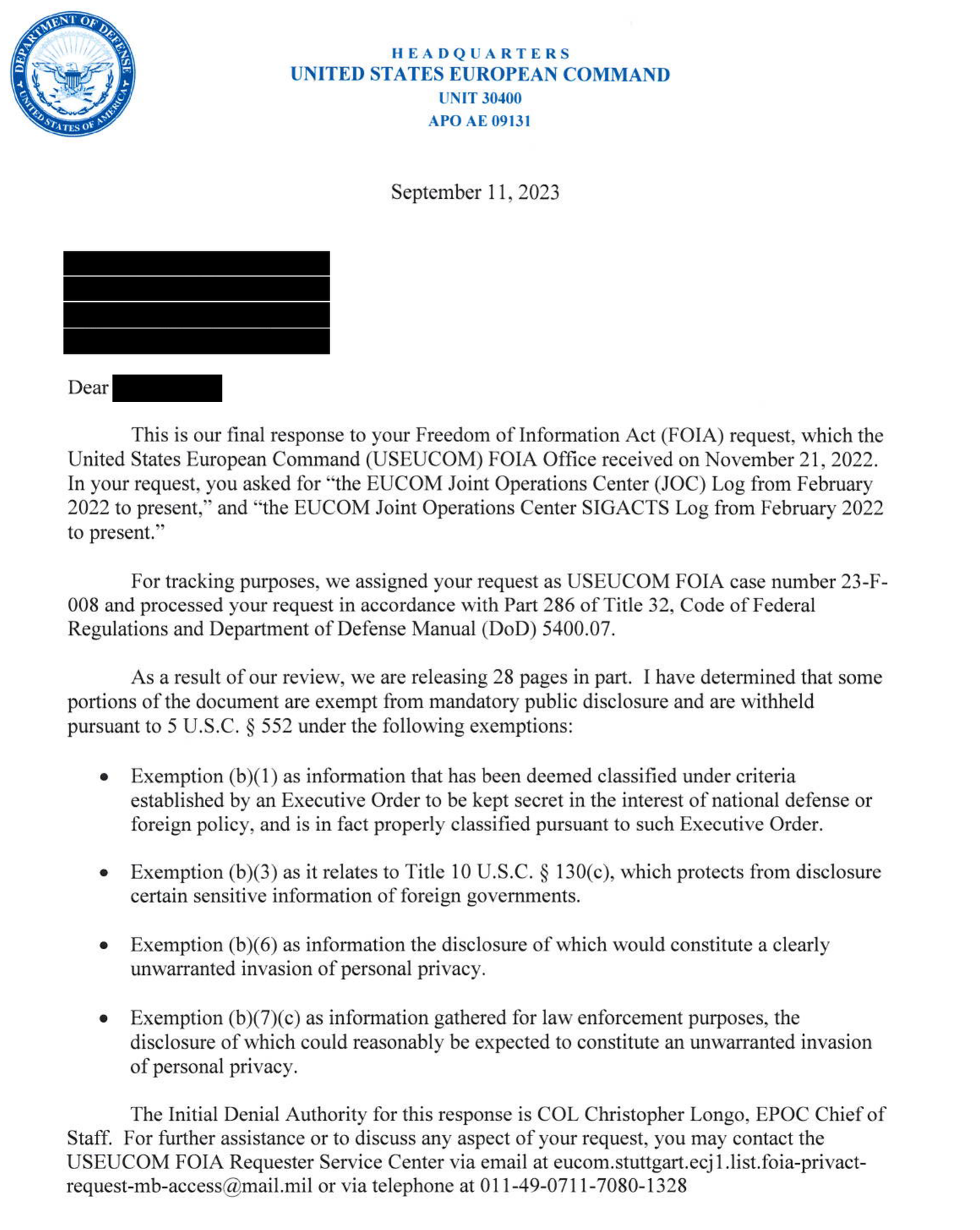 First page of a U.S. European Command letter dated September 11, 2023, on Department of Defense letterhead, with the requester block and salutation name blacked out; it assigns USEUCOM FOIA case number 23-F-008, says the command is releasing 28 pages in part, lists Exemptions (b)(1), (b)(3) citing 10 U.S.C. 130(c), (b)(6) and (b)(7)(c), and names COL Christopher Longo, EPOC Chief of Staff, as the Initial Denial Authority