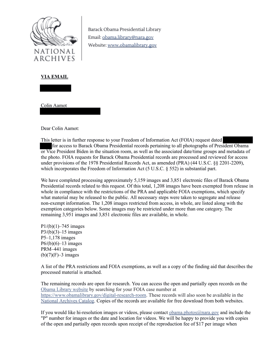 First page of the Obama Presidential Library’s response letter in FOIA case 24-09538-F. It reports that about 5,159 images and 3,851 electronic files were processed, 1,208 images were withheld in whole and 3,951 images and 3,851 electronic files were released in whole, and it lists the withholding counts by code. The letter date, my email address and the request date are covered by black bars.