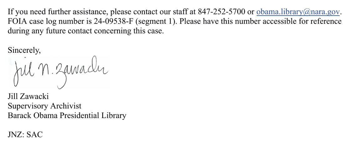 Close of the response letter: the FOIA case log number is 24-09538-F (segment 1), followed by the signature of Jill Zawacki, Supervisory Archivist, Barack Obama Presidential Library.
