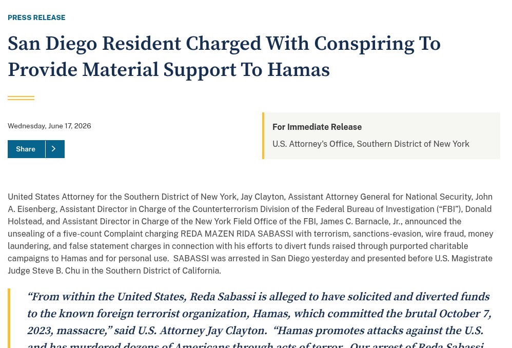 Screenshot of a U.S. Attorney’s Office for the Southern District of New York press release dated June 17, 2026, titled San Diego Resident Charged With Conspiring To Provide Material Support To Hamas
