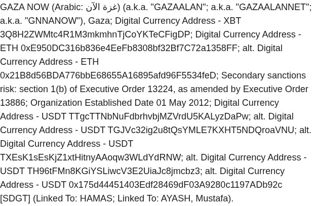 Text of the OFAC sanctions list entry for GAZA NOW, a.k.a. GAZAALAN, GAZAALANNET and GNNANOW, listing Bitcoin, Ethereum and five USDT digital currency addresses including TGJVc32ig2u8tQsYMLE7KXHT5NDQroaVNU, linked to Hamas and Mustafa Ayash