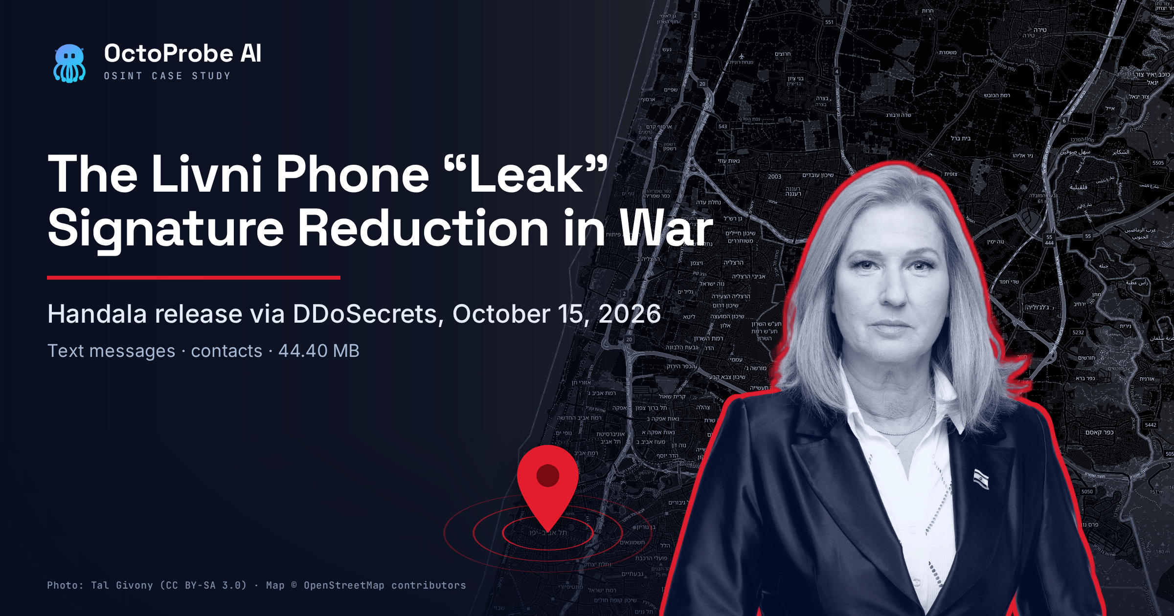 OctoProbe cover over a dark street map of Tel Aviv with a red pin: a cutout portrait of former Israeli Foreign Minister Tzipi Livni beside the headline The Livni Phone “Leak,” Signature Reduction in War.