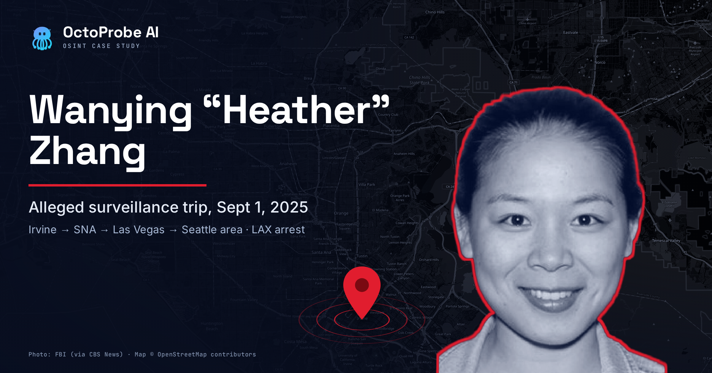 Cover: Wanying "Heather" Zhang, charged, alleged surveillance trip September 1, 2025