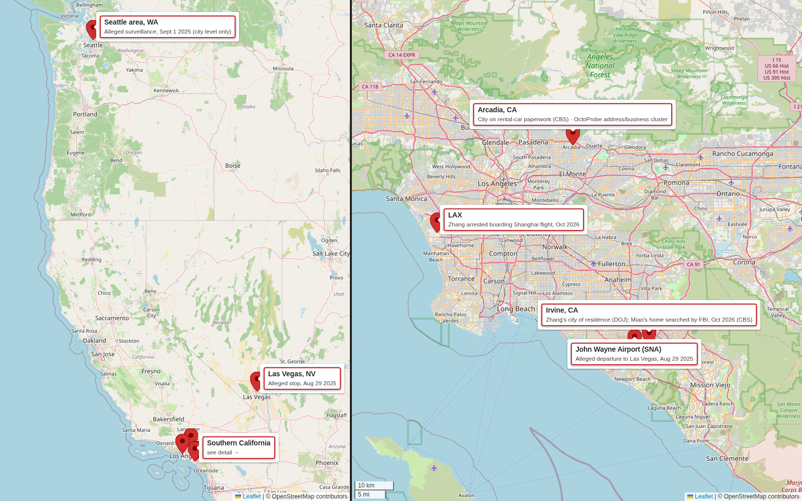 Pattern-of-life map: Irvine, John Wayne Airport, Las Vegas, Seattle area, LAX, Arcadia